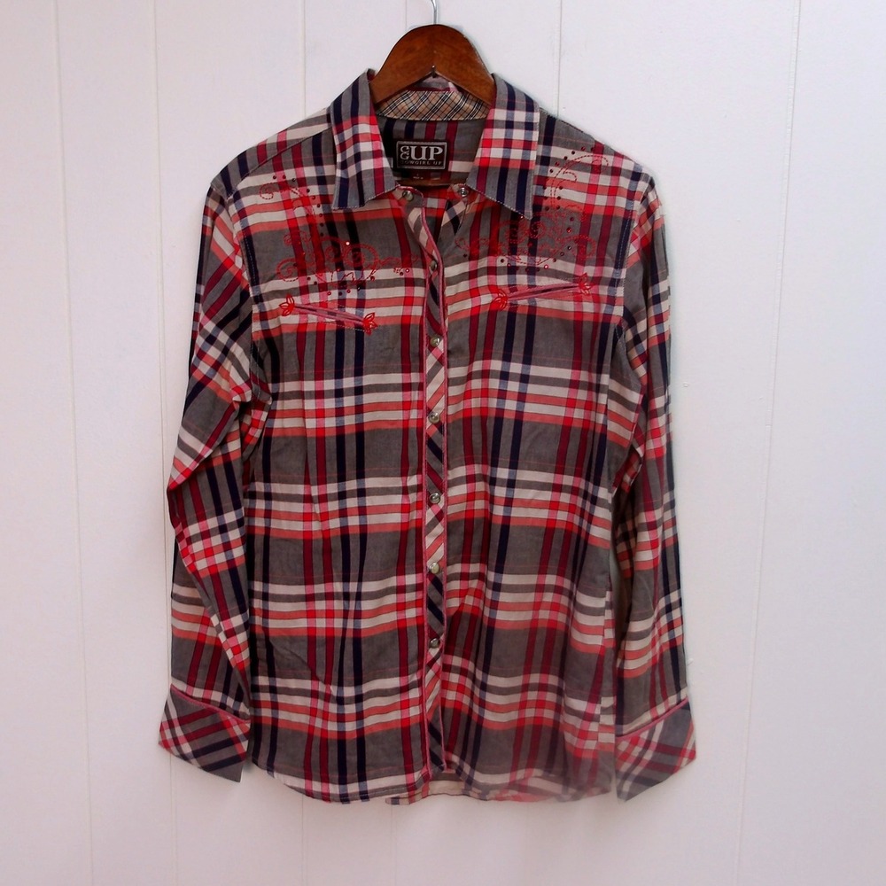 Cowgirl Up Size Large Plaid Western Shirt Snap Front Red Blue / #1208